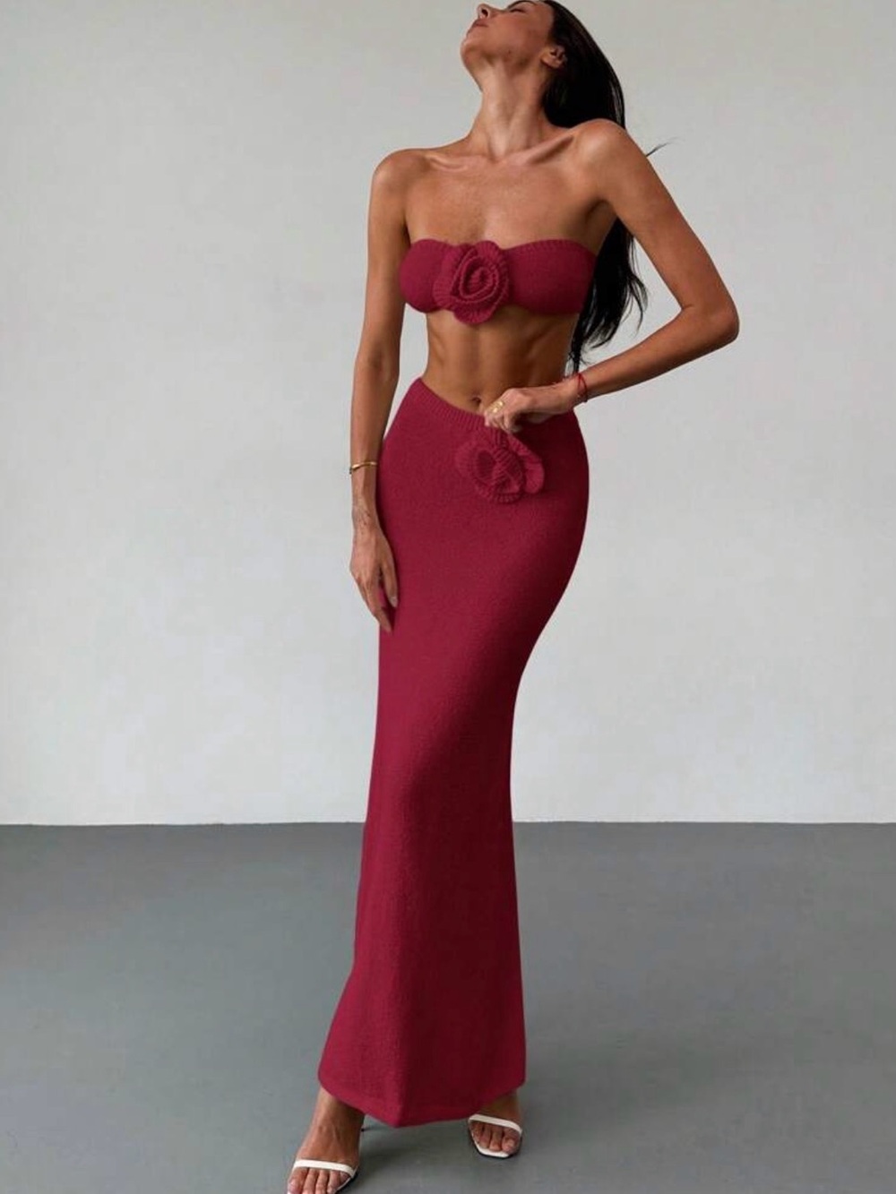 Strapless Rose Appliqué Knit Maxi Set in Deep Berry